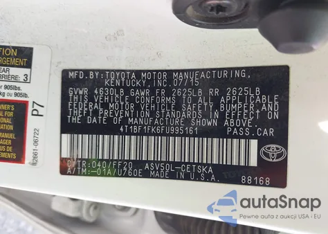 2015 Toyota Camry Se z USA, uszkodzony, nr VIN 4T1BF1FK6FU995161